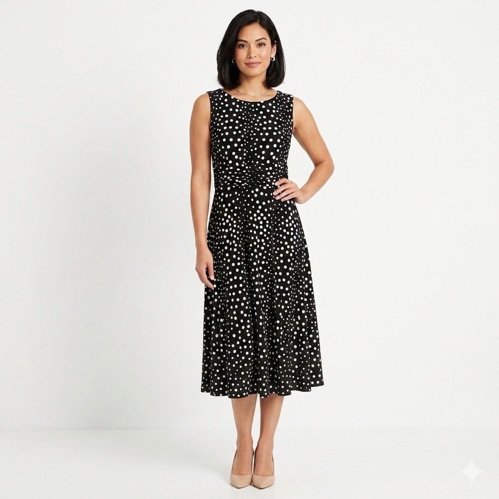 Christopher & Banks Midi Dress Womens Sz 14 Black White Polka Dot Sleeveless NEW